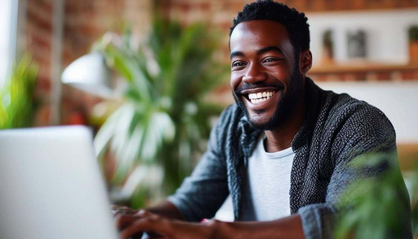 Smiling Black man on computer